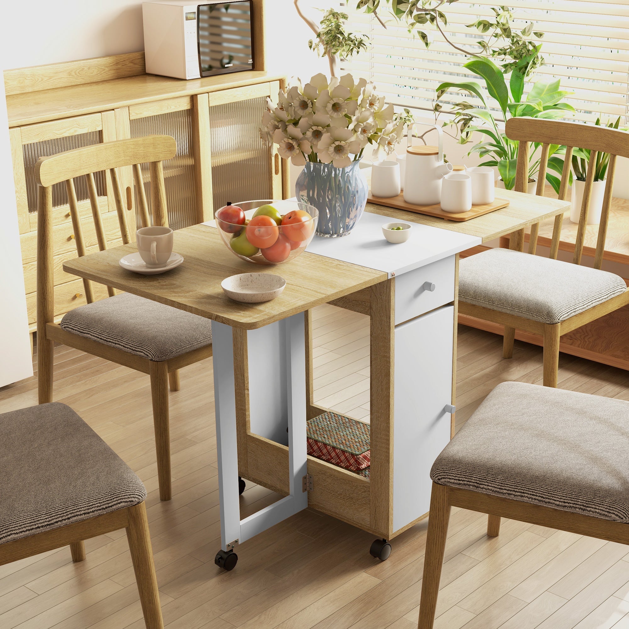 HOMCOM Foldable Dining Table for Small Spaces with Drawers Cabinet Caster Wheels Oak Movable Drop Leaf 