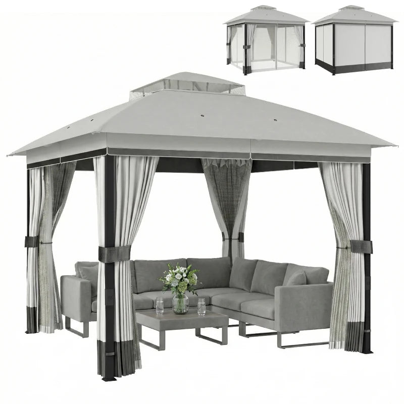 10' x 10' Patio Gazebo with Double Roof, Mesh Netting & Curtains, Steel Frame Outdoor Garden Gazebo, Light Grey