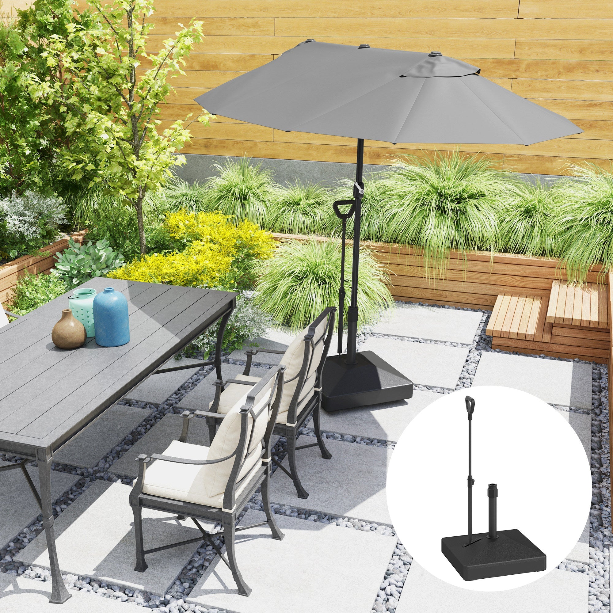 Outsunny Patio Umbrella Base with Adjustable Wheels and Handle, Outdoor Patio Umbrella Stand, Filled Up to 121lbs with Stand, 99lbs with Water for Garden Poolside, Black 
