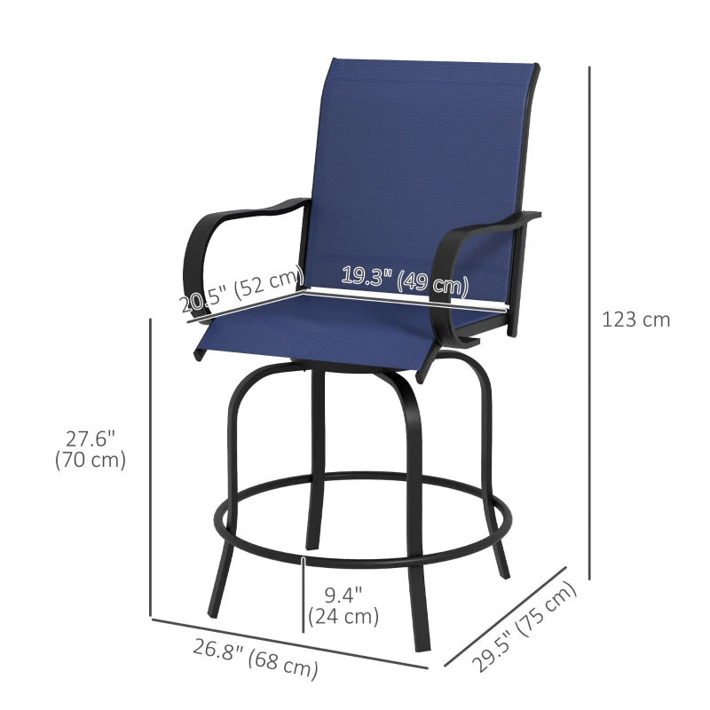 Outdoor Bar Stools Set of 2, 360° Swivel Bar Height Chairs, 26.8" x 29.5" x 48.4", Navy Blue