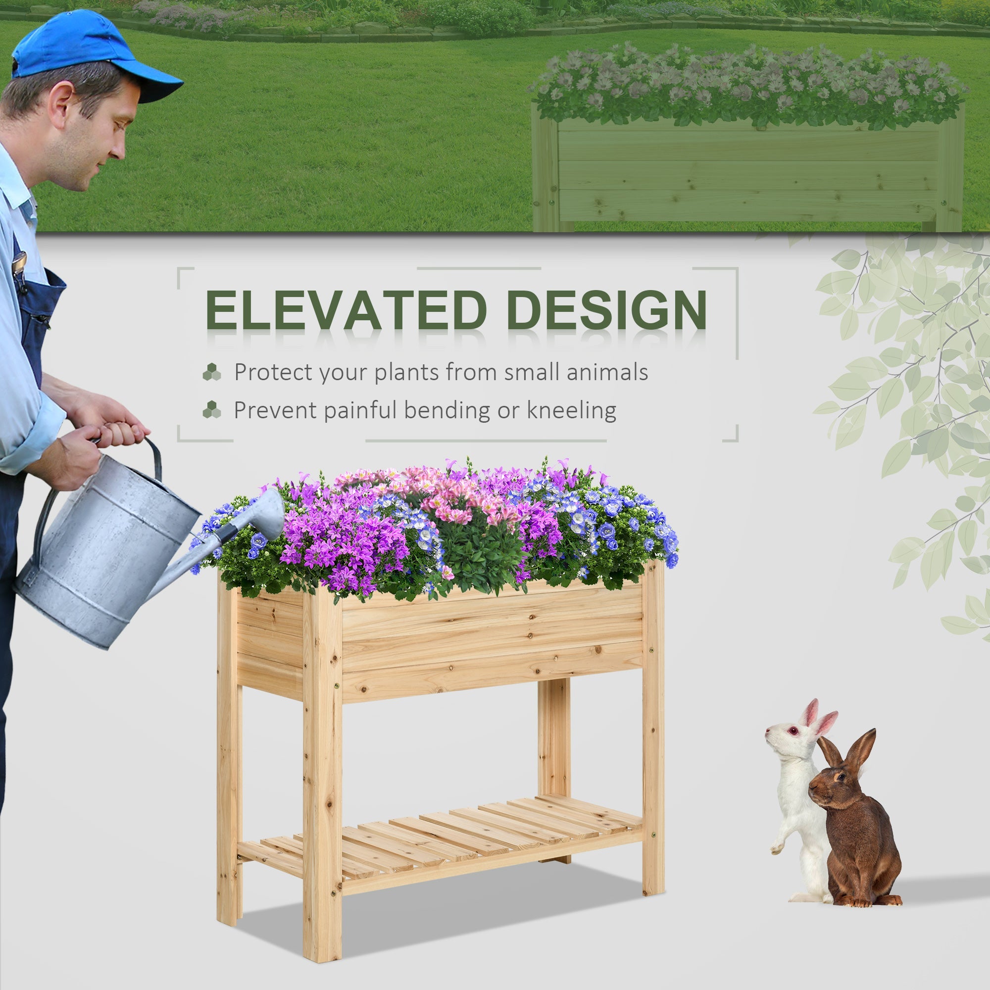 Outsunny Raised Garden Bed with Legs, Elevated Box Planter with Storage Shelf, Bed Liner for Backyard Patio, Natural Wood 