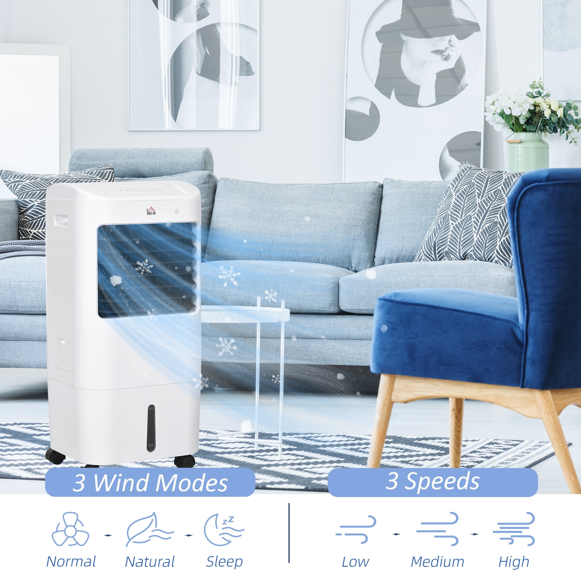 HOMCOM Cooling Fan for Bedroom with Ice Pack, Tower Fan with Remote Control, 3 Modes, 3 Speeds, 7.5H Timer, White 
