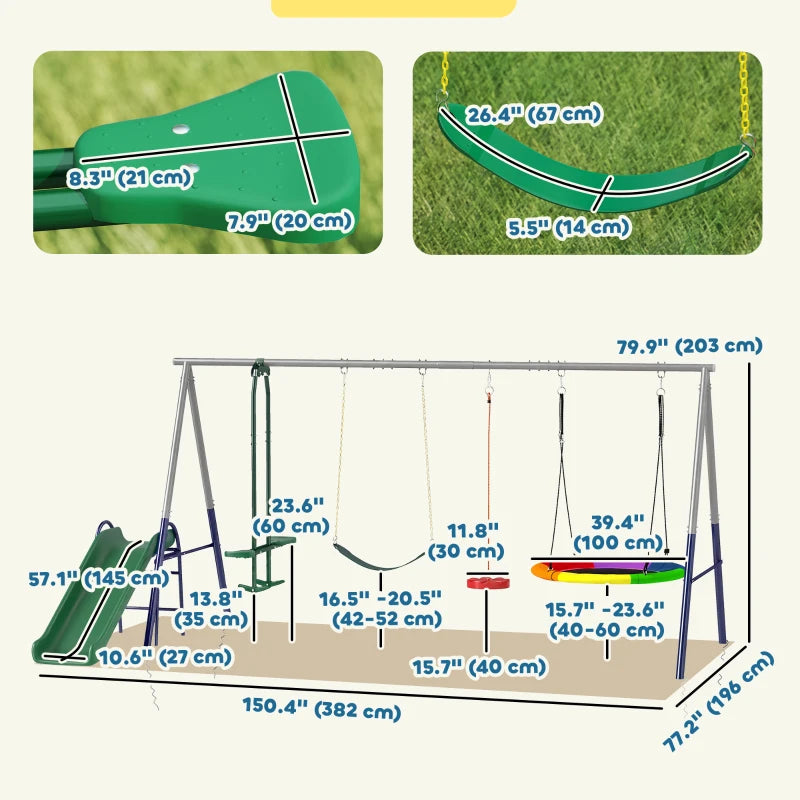 Qaba 5-in-1 Kids Swing Set with Slide, Swings and Glider for Backyard, 770lbs Capacity, for Ages 3-8, Multicolour