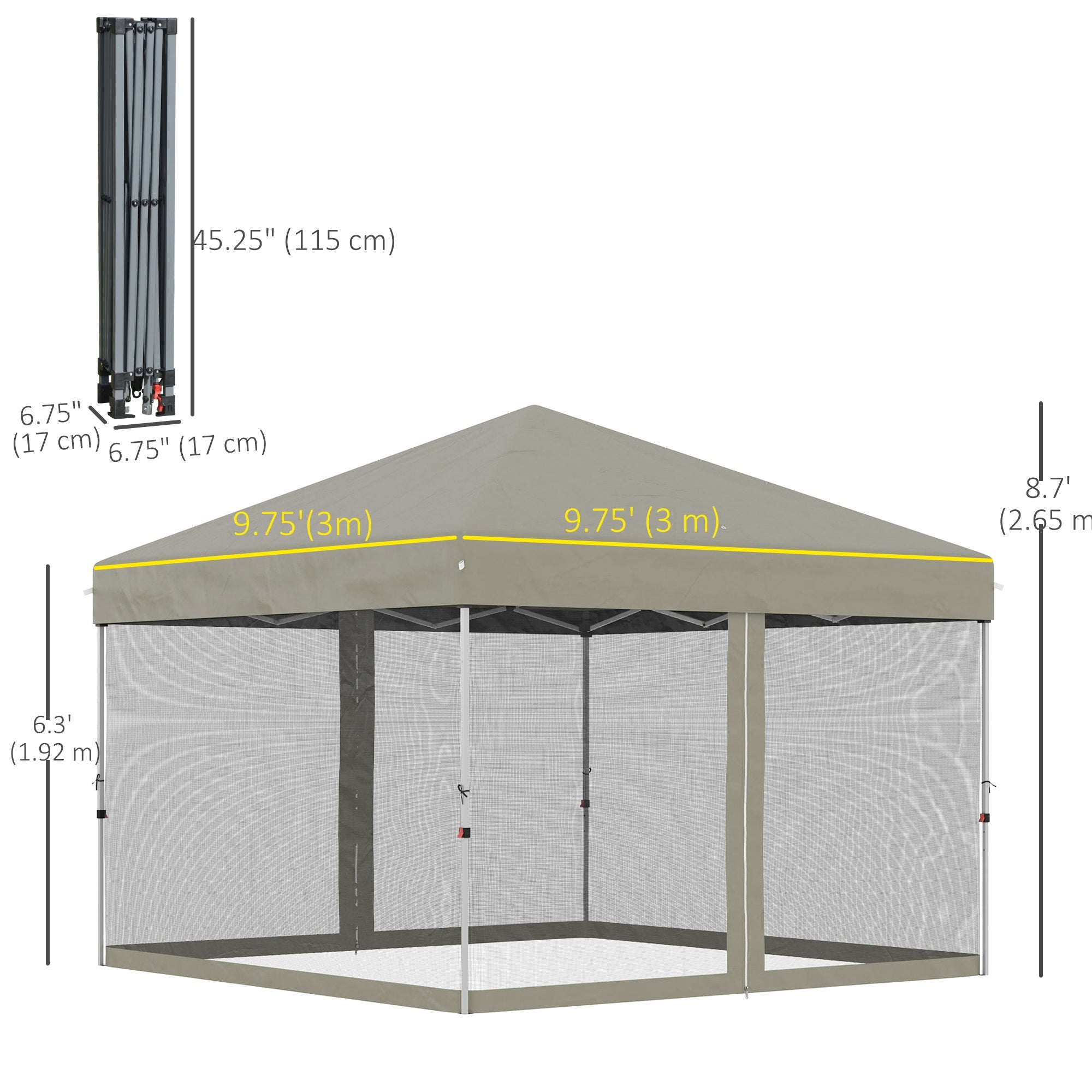 Outsunny 10' x 10' Pop-Up Party Tent Outdoor Canopy Tent with Mesh Sidewalls, 3-Level Adjustable Height, Roller Bag, Beige 