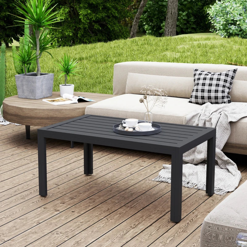 Outdoor Coffee Table, Rectangular Patio Table with Steel Frame and Slat Tabletop for Garden, Balcony, Grey