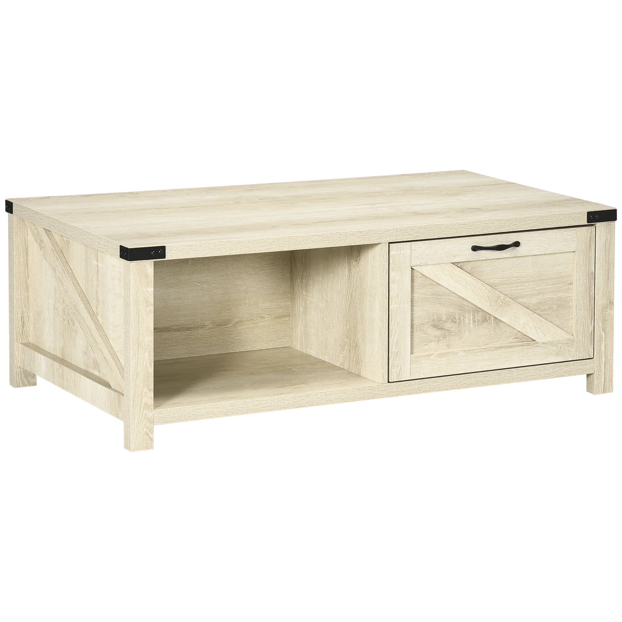 HOMCOM White Oak Farmhouse Coffee Table: Rustic Center Table with Drawer and Storage Shelf for Living Room 