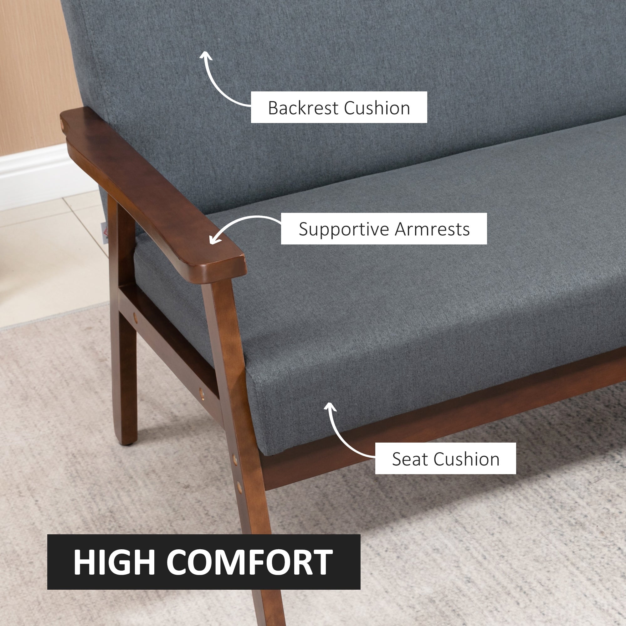 HOMCOM Compact Linen Loveseat Sofa: Double Seat with Rubber Wood Frame, Dark Grey 