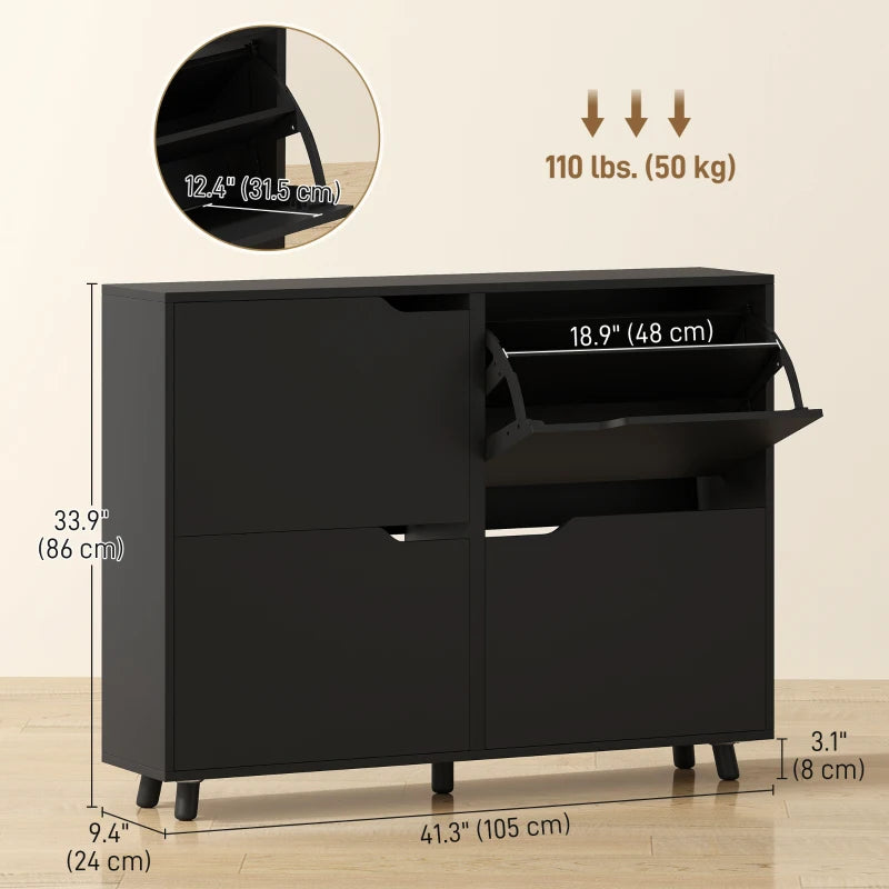 Narrow Shoe Cabinet, Shoe Storage Cabinet with 4 Flip Drawers and Adjustable Shelves for 16 Pairs of Shoes, Black