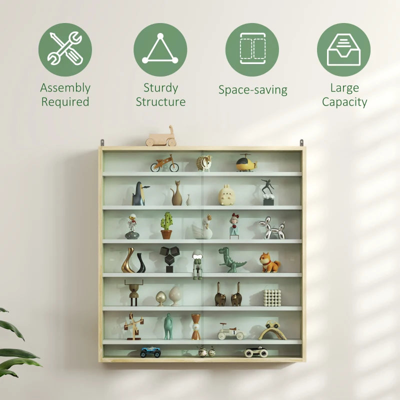 7-Tier Display Cabinet, Shot Glass Display Case, Glass Curio Cabinet with 2 Glass Doors, Oak and White