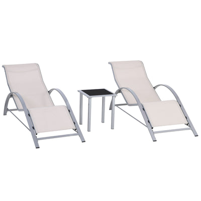 Outsunny 3 Pieces Patio Lounge Chair Set Outdoor Sunbathing Chair with Table for Yard Garden, Cream White 