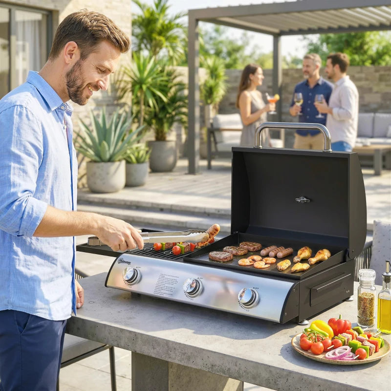 Outsunny 3 Burner Portable Propane Gas Grill Griddle, Tabletop Grill & Griddle Combo with Adjustable Foot Pads, 28,500 BTU, Black