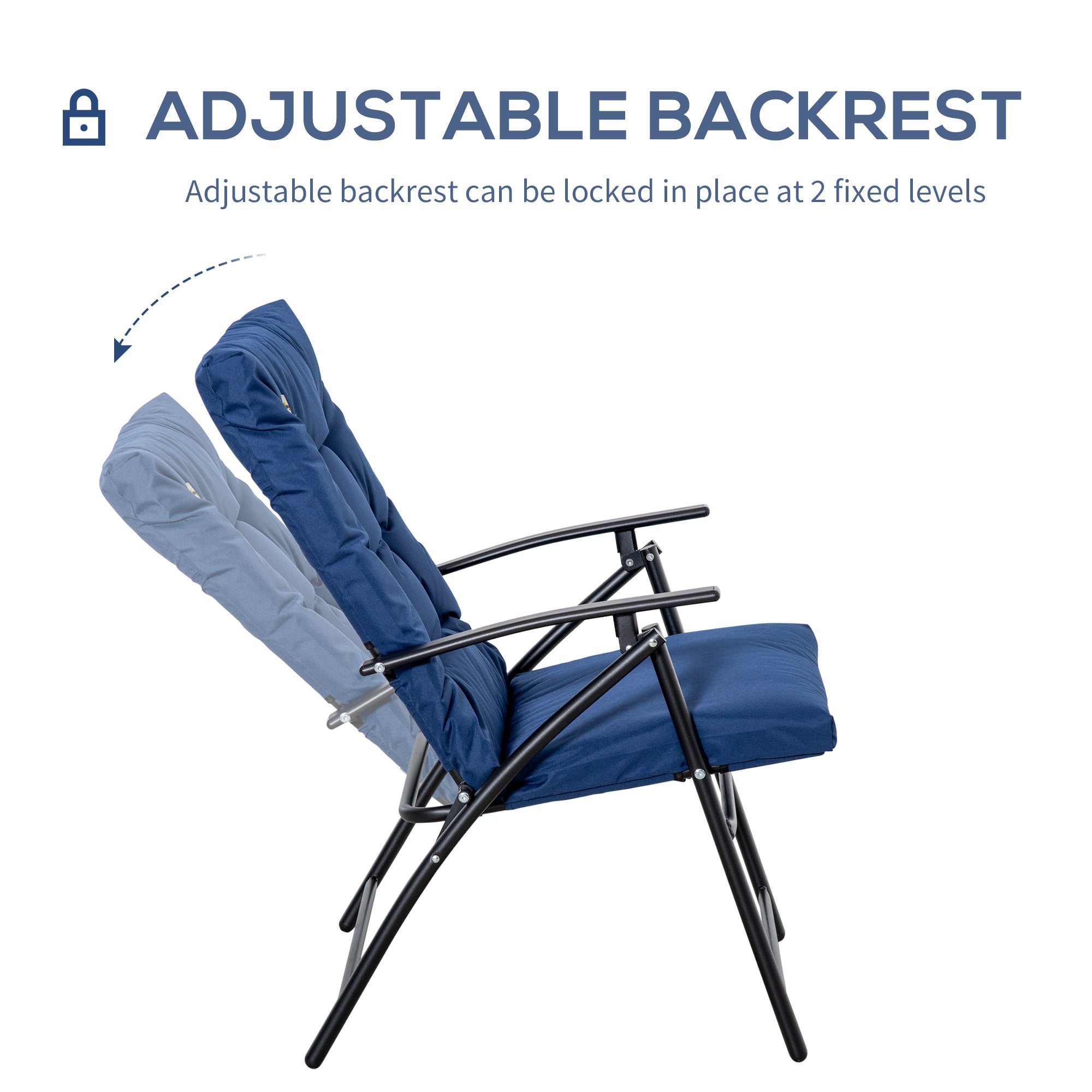 Outsunny Foldable Lounge Chair Fabric Upholstered Recliner Blue Outdoor Lounger with Armrest Metal Frame Camping Beach Chair 