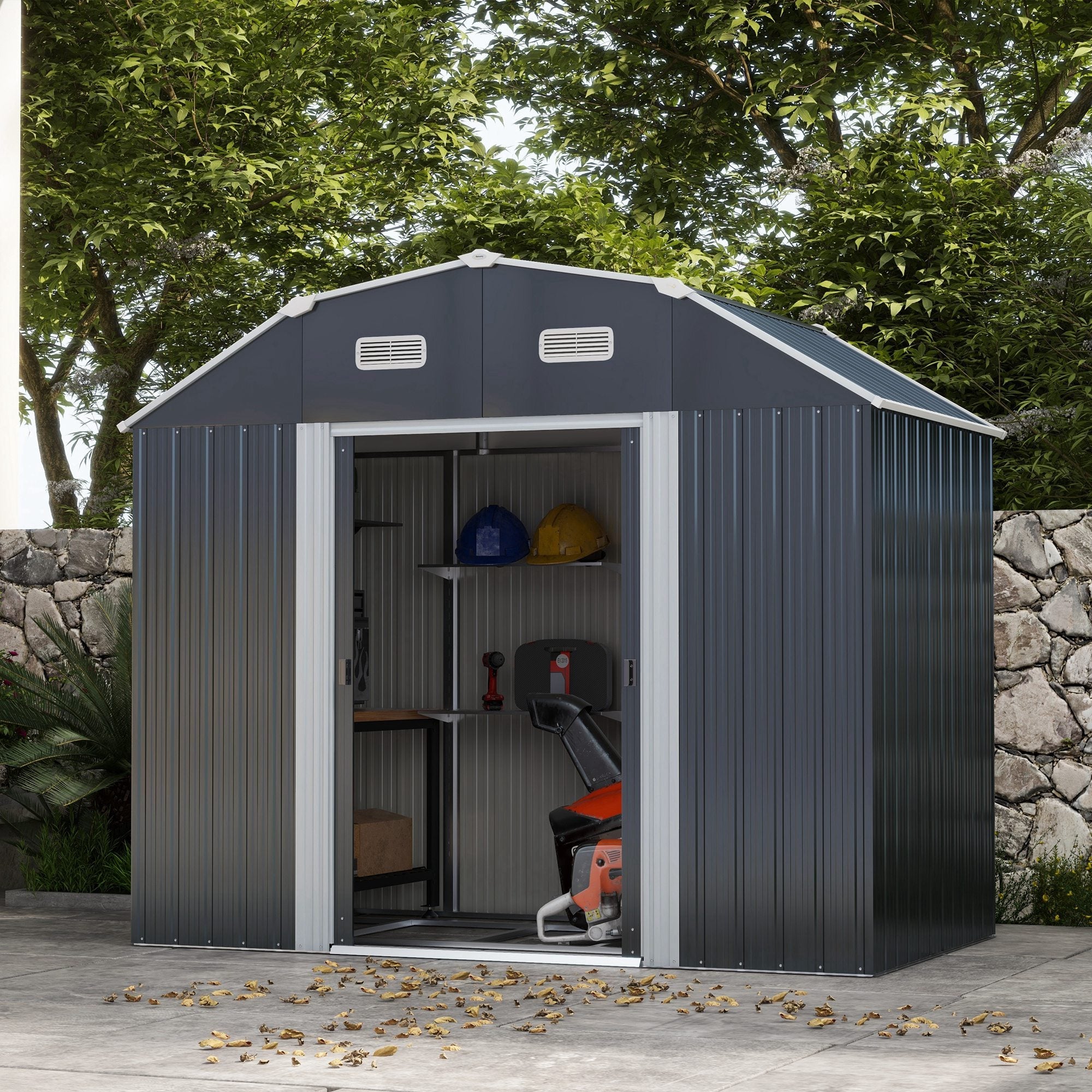 Outsunny 8x4' Metal Garden Shed - Galvanized Outdoor Storage with Adjustable Shelves, Double Doors, Vents 