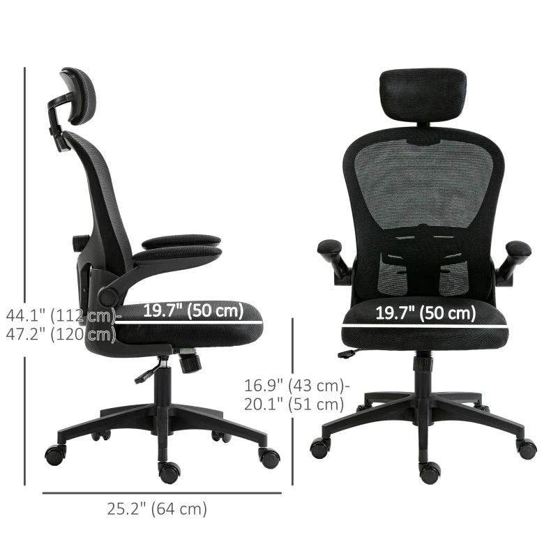 Office Chair, Mesh Computer Desk Chair with Adjustable Headrest, 4D Lumbar Support, Flip-up Arm, Black