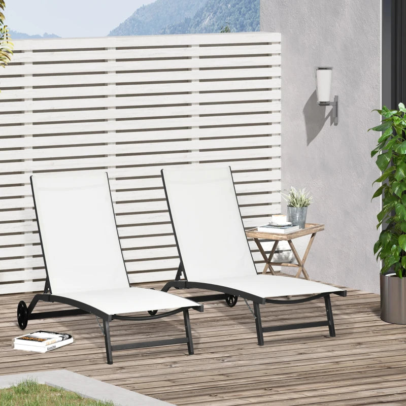 Outdoor Lounge Chair Set of 2, Tanning Chair with Wheels, Breathable Mesh for Patio, Backyard, Poolside, Cream White