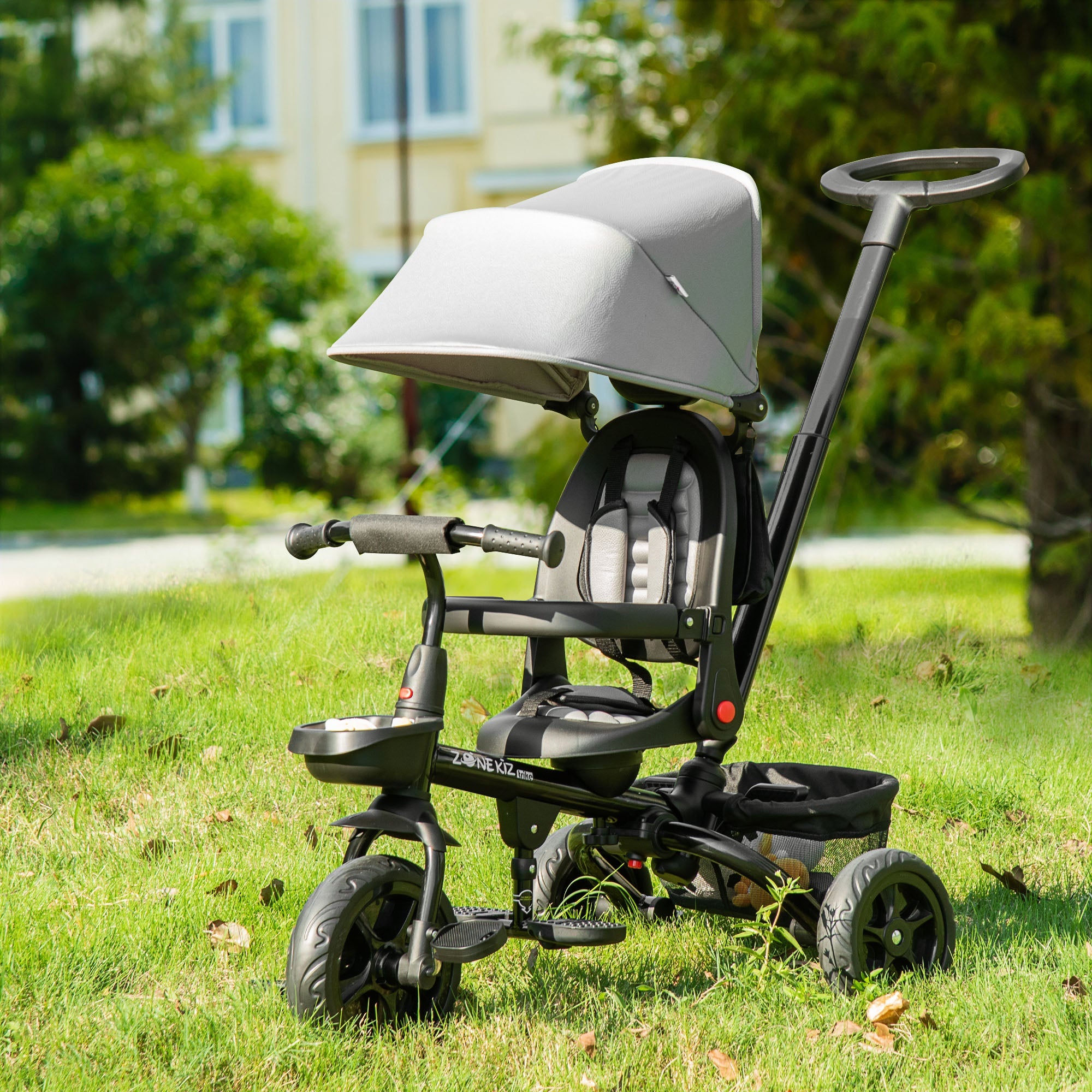 Qaba Baby Tricycle 4 In 1 Trike with Reversible Angle Adjustable Seat Removable Handle Canopy Handrail Belt Storage, Grey 