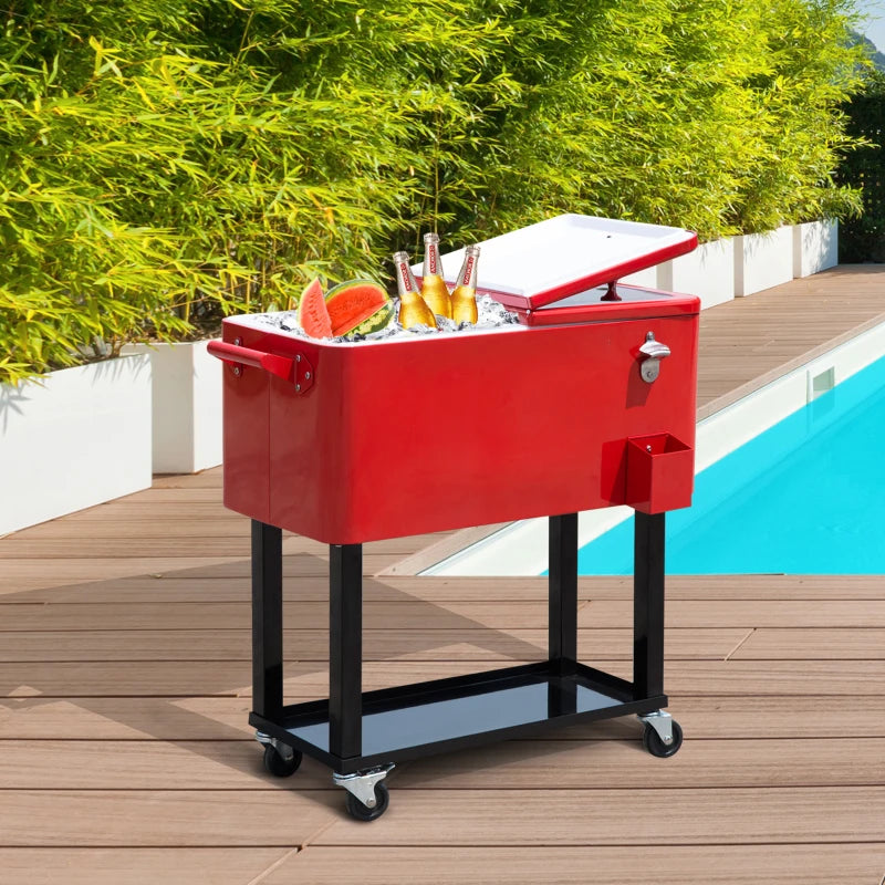 80 Quart Rolling Cooler Cart Portable Patio Ice Beer Beverage Cooling Bin w/ Bottle Opener & Storage Shelf Red