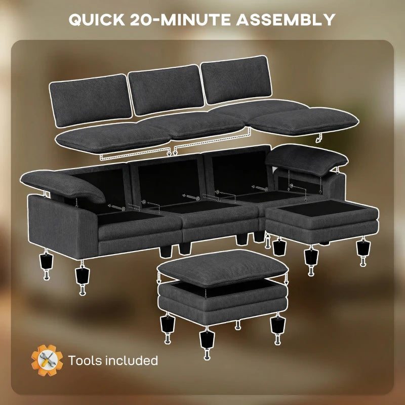 Sectional Sofa, L Shaped Couch with Deep Seat, Movable Ottoman and Pillow-top Armrests, Dark Grey