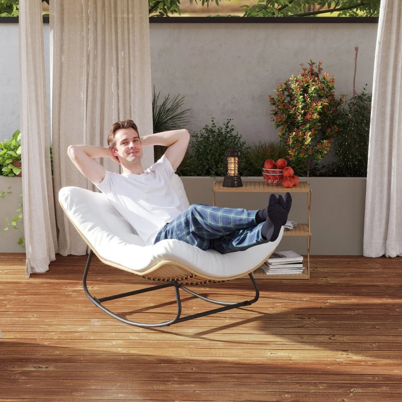 Oversized Rattan Patio Egg Chair, Outdoor Rocking Chair with Padded Cushion for Indoor, Porch, Cream White