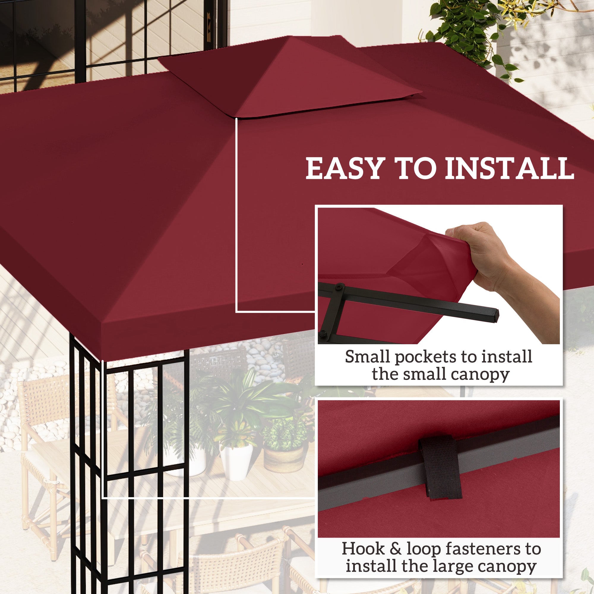 Outsunny 9.8' x 9.8' Square 2-Tier Gazebo Canopy Replacement Top Cover Outdoor Garden Sun Shade, Wine Red 