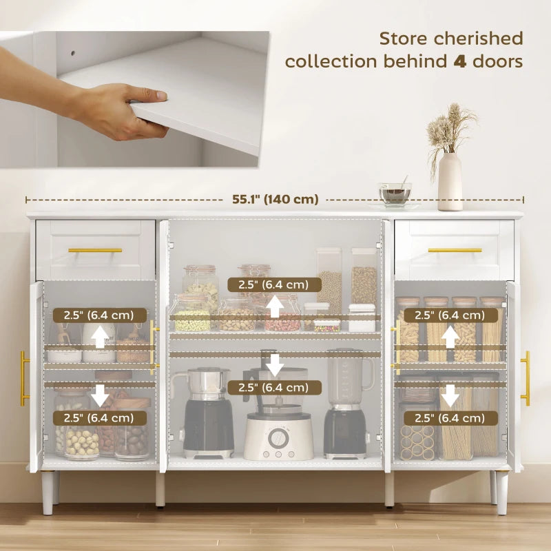 55" Buffet Cabinet with Soft-Close Doors, Modern Sideboard with 2 Drawers, 3 Adjustable Shelves and 4 Doors, White