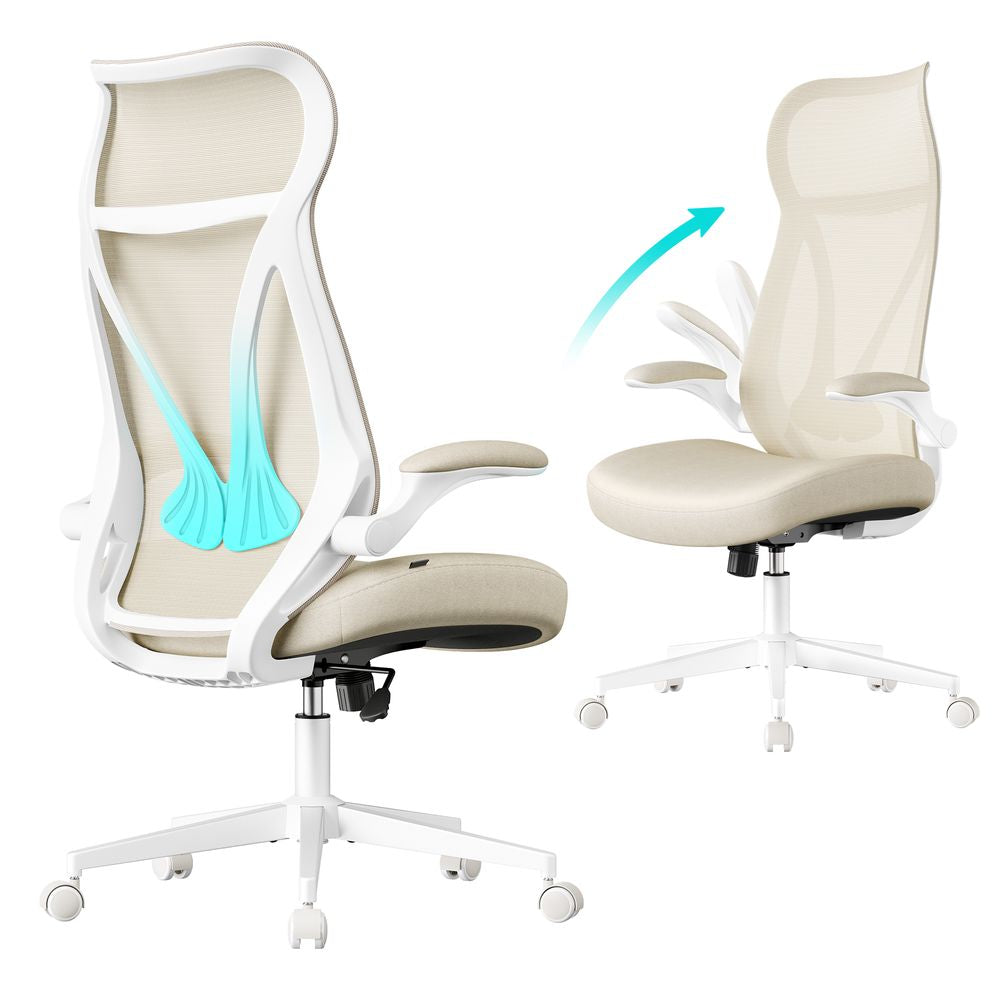 Ergonomic Mesh Office Chair with Headrest, Flip-Up Armrests & Lumbar Support – Light Oatmeal or Black