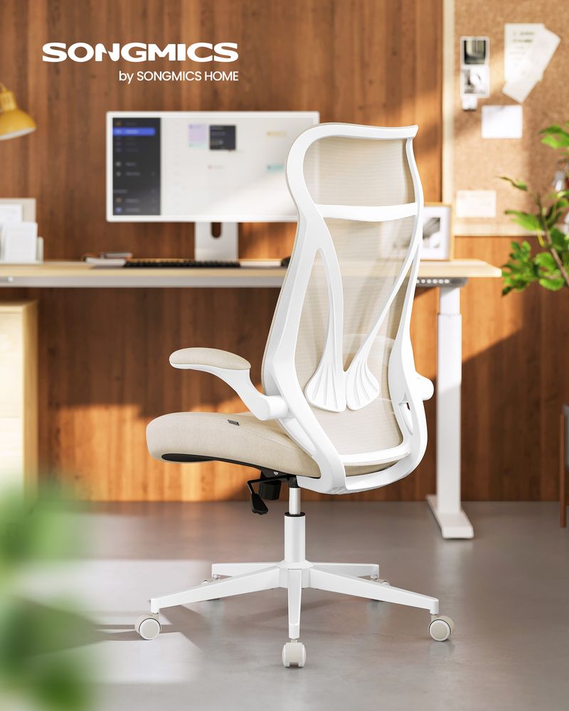 Ergonomic Mesh Office Chair with Headrest, Flip-Up Armrests & Lumbar Support – Light Oatmeal or Black