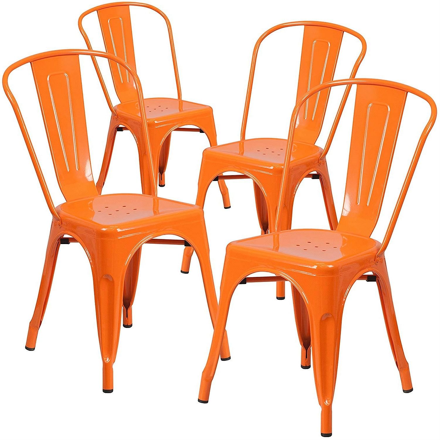 Set of 4 Outdoor Indoor Orange Metal Stacking Bistro Dining Chairs - Free Shipping 