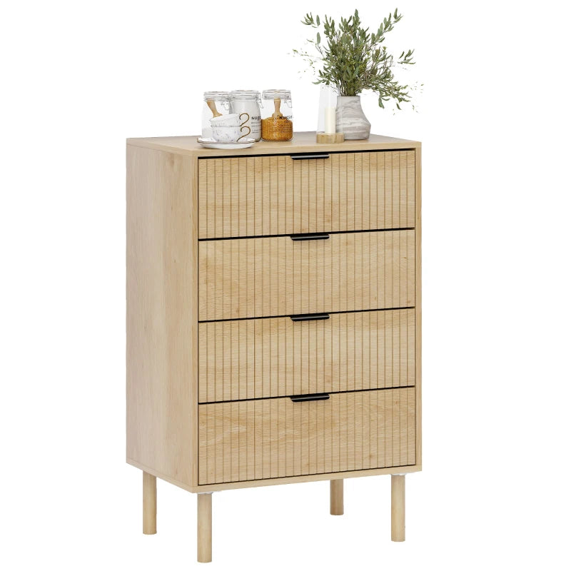 Bedroom Chest of Drawers, 4 Drawer Dresser with Fluted Panels and Solid Wood Legs, Anti-slip Foot Pads, Storage Cabinet for Living Room, Oak