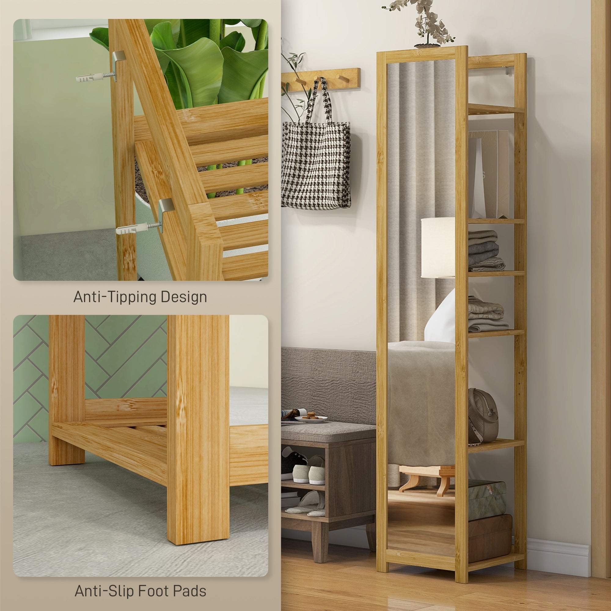HOMCOM 6-Tier Bamboo Bathroom Shelves with Mirror, Freestanding Bathroom Rack with 6 Slatted Shelves, Nature Wood 