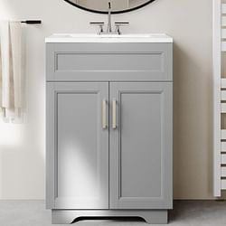 Modern Gray Wood Finish Bathroom Vanity with White Ceramic Sink - Free Shipping