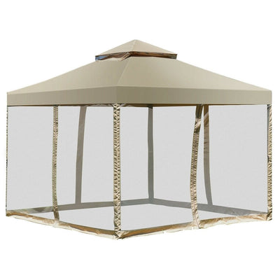 10 x 10 Ft Outdoor Gazebo with Tan Brown Polyester Canopy and Mesh Side Walls - Free Shipping 