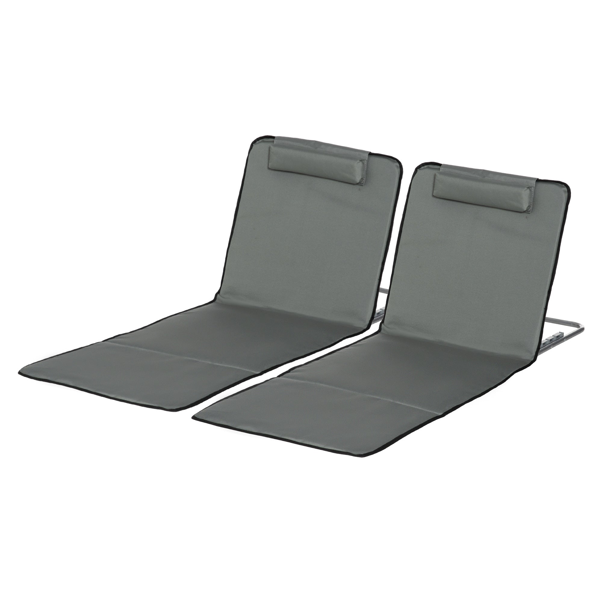 Outsunny Sun Lounger Beach Mat Set of 2 Folding Grey Adjustable Back Steel Frame Head Pillow Carry Bag 