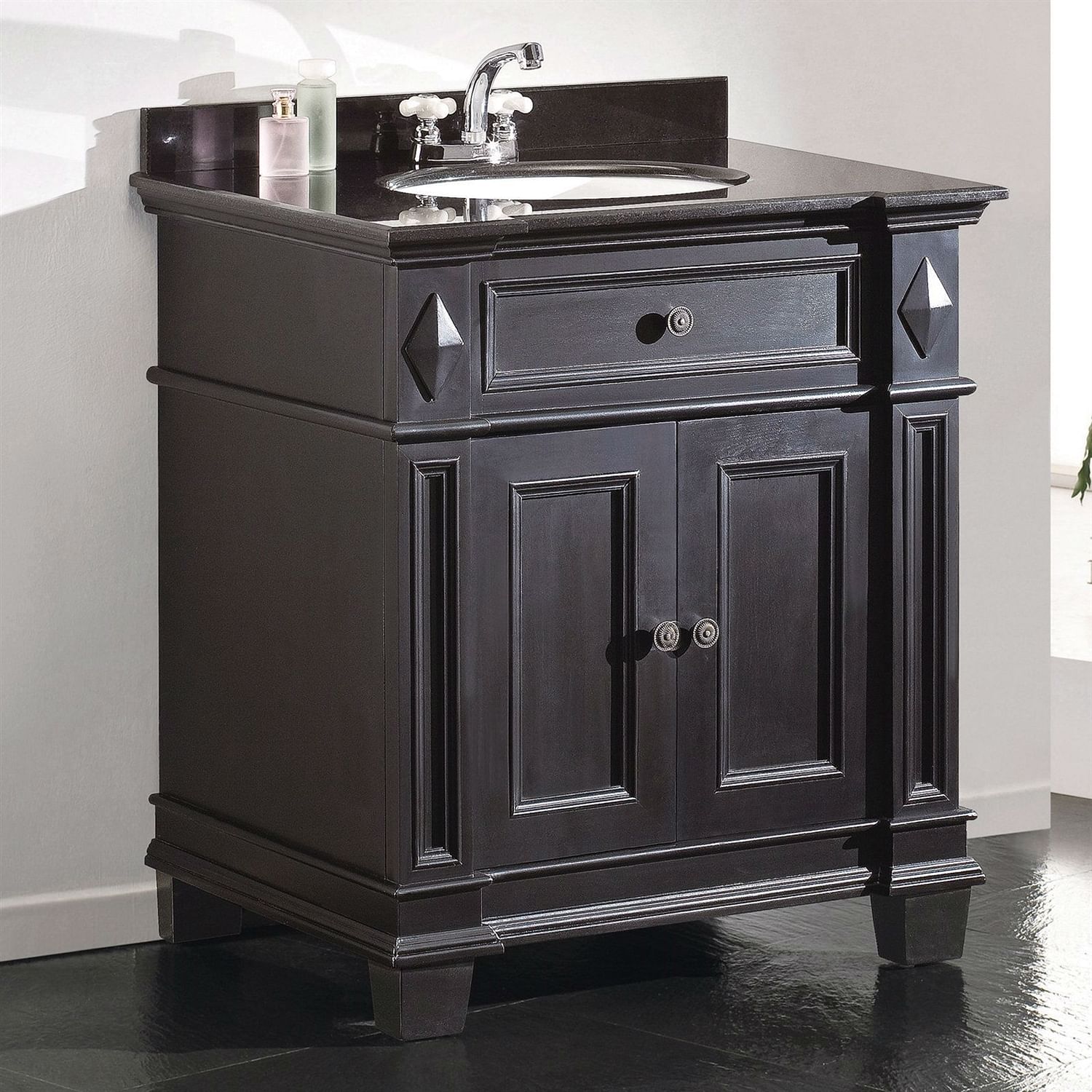 Single Sink Bathroom Vanity with Cabinet & Black Granite Countertop / Backsplash - Free Shipping