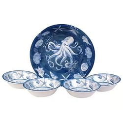 5-Piece Starfish Sea Shells Octopus Beach Dinner Bowl Set in Blue and White - Free Shipping