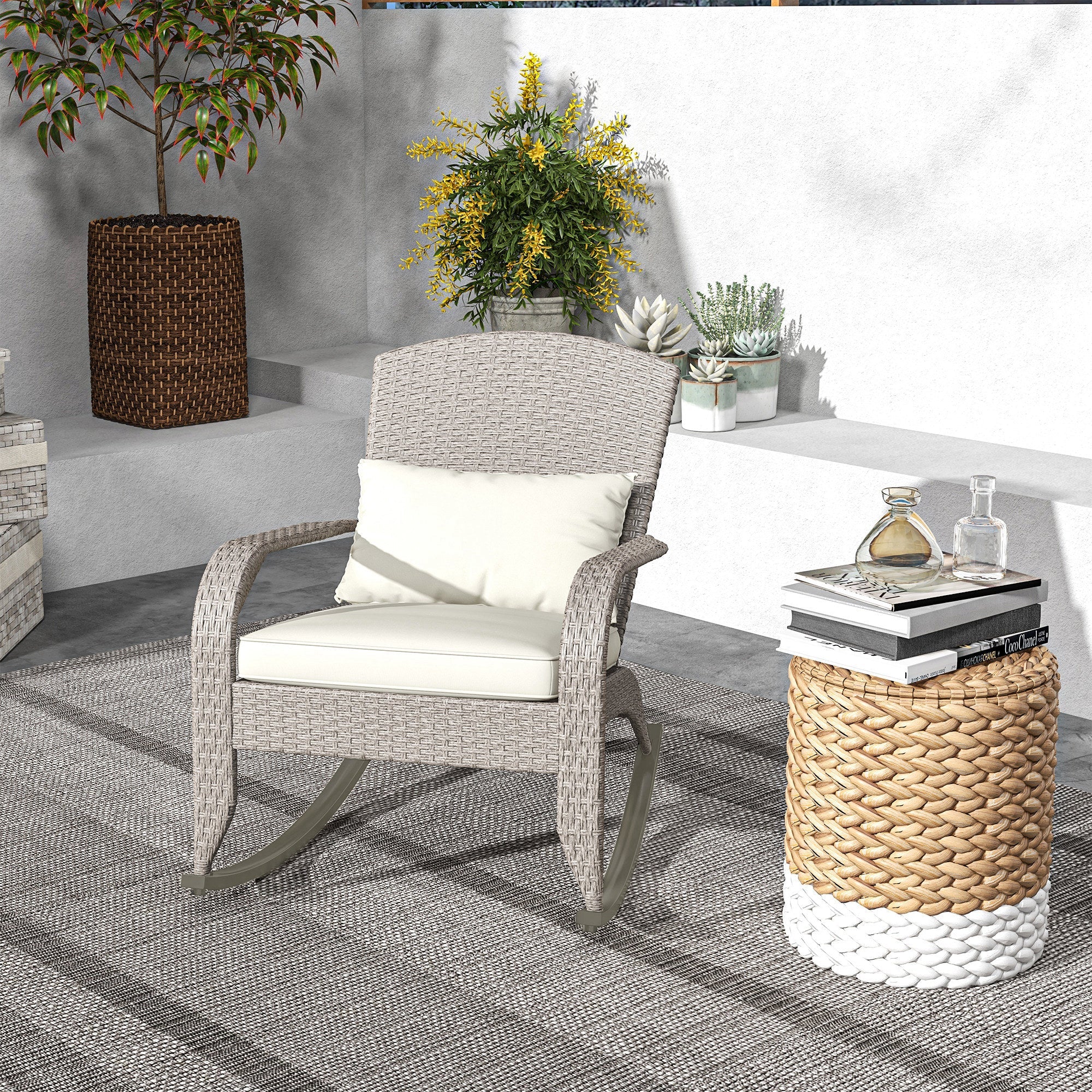 Outsunny Adirondack Rocking Chair Outdoor Wicker with High Back Seat Cushion Pillow for Porch Balcony Cream White 