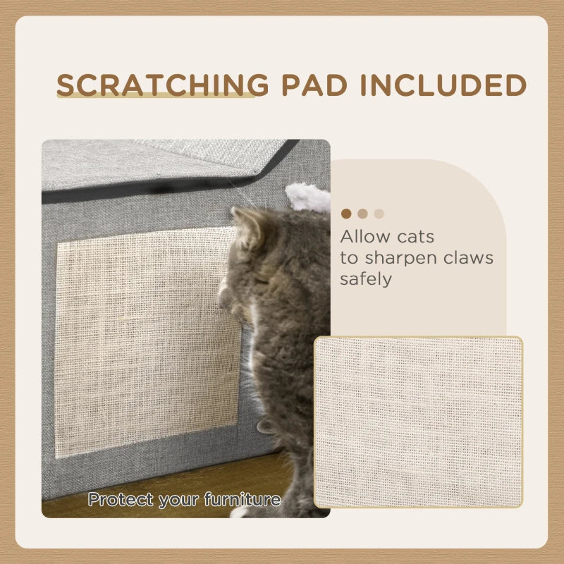 Large Cat Bed for Indoor, Cat House Hideaway with Soft Cushion, Scratching Pad, Dangling Ball, Dual Entrances, Grey