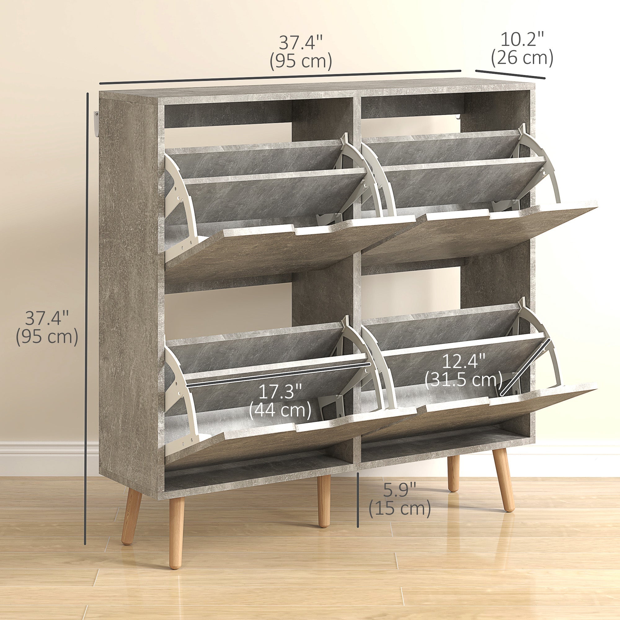 HOMCOM Shoe Storage Cabinet with 4 Flip Drawers and Adjustable Shelf, Shoe Cabinet for 16 Pairs of Shoes, Cement Grey 