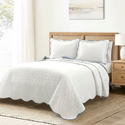 Full/Queen White Blue Scalloped Edge Reversible Thin Light Quilt Set - Free Shipping 