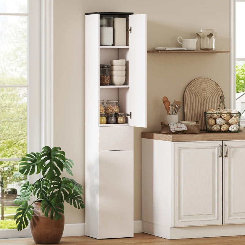 Tall Bathroom Cabinet with 2 Cupboards and Drawer, Slim Bathroom Storage Cabinet with Adjustable Shelves, White