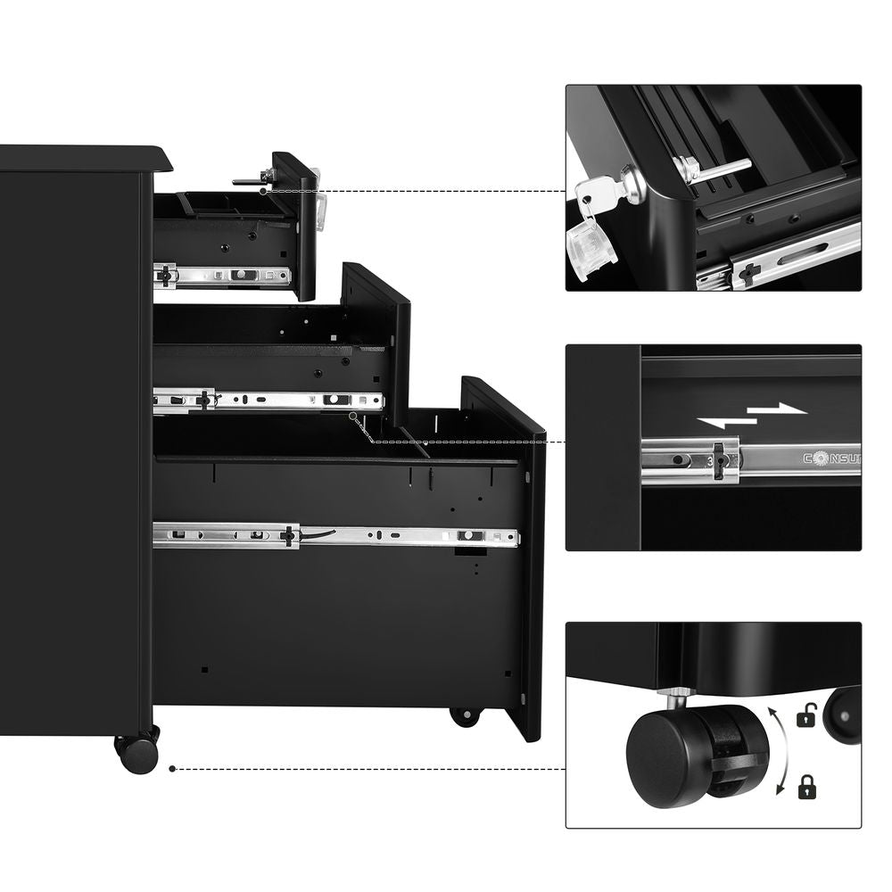 SONGMICS 3-Drawer Mobile Steel File Cabinet with Lock, Rolling Under Desk Filing Cabinet, Matte Black