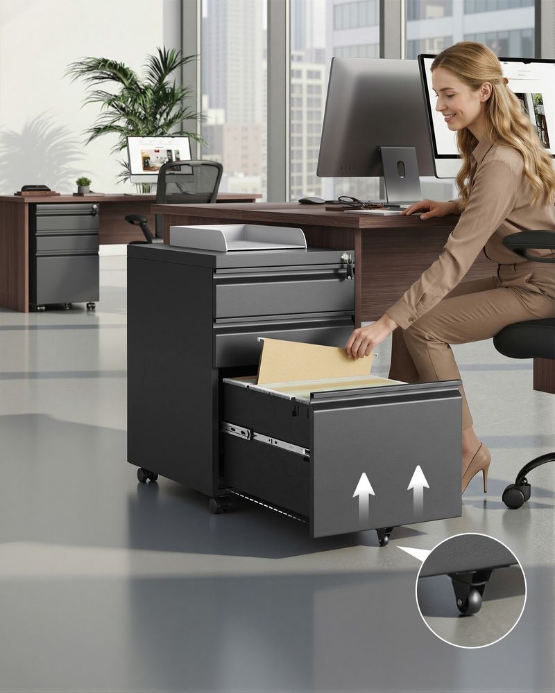 3-Drawer Metal File Cabinet with Lock, Rolling Filing Cabinet for Home Office, Fits Letter/A4/Legal Files