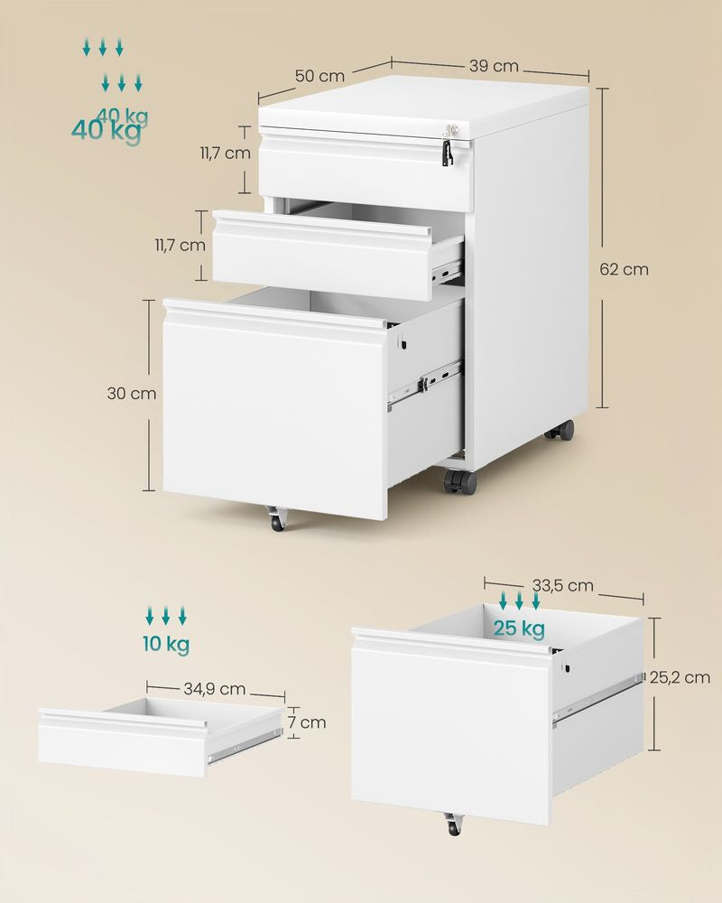 3-Drawer Metal File Cabinet with Lock, Rolling Filing Cabinet for Home Office, Fits Letter/A4/Legal Files