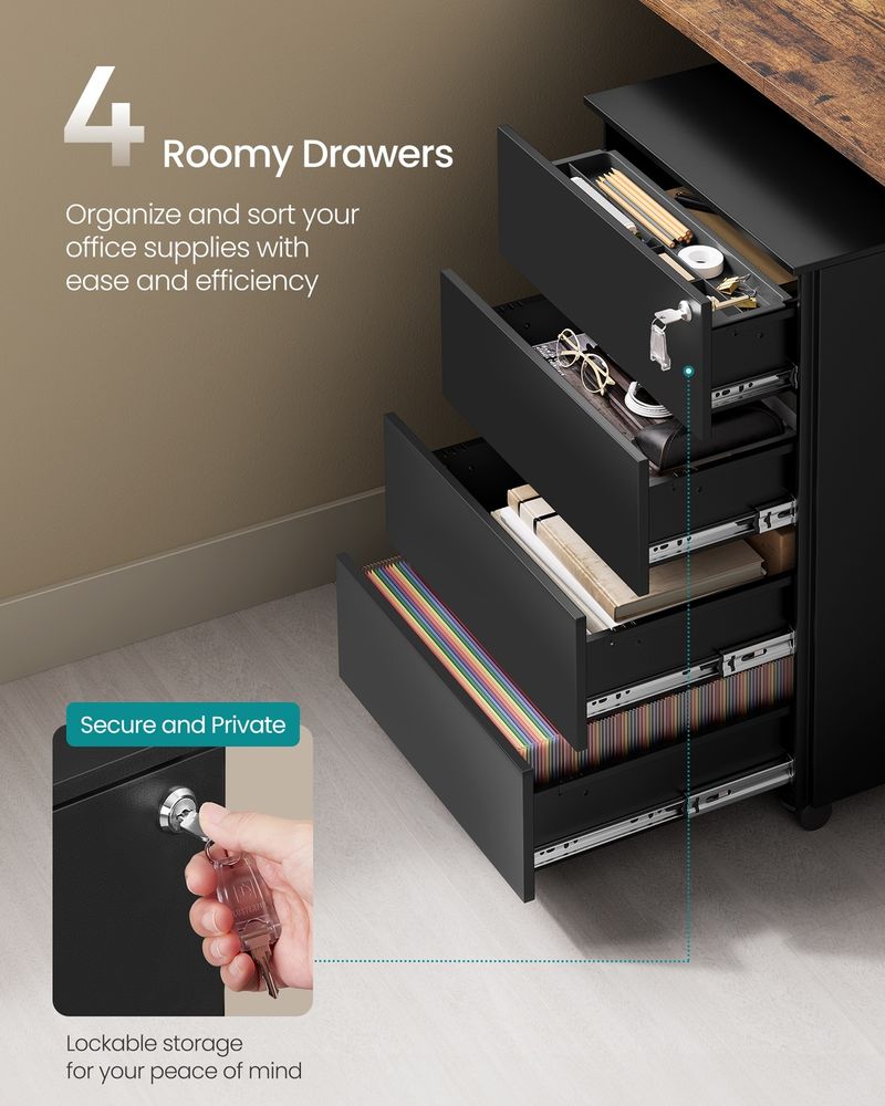 4-Drawer Metal Filing Cabinet with Lock & Wheels – Mobile Office Storage Cabinet, Matte Black