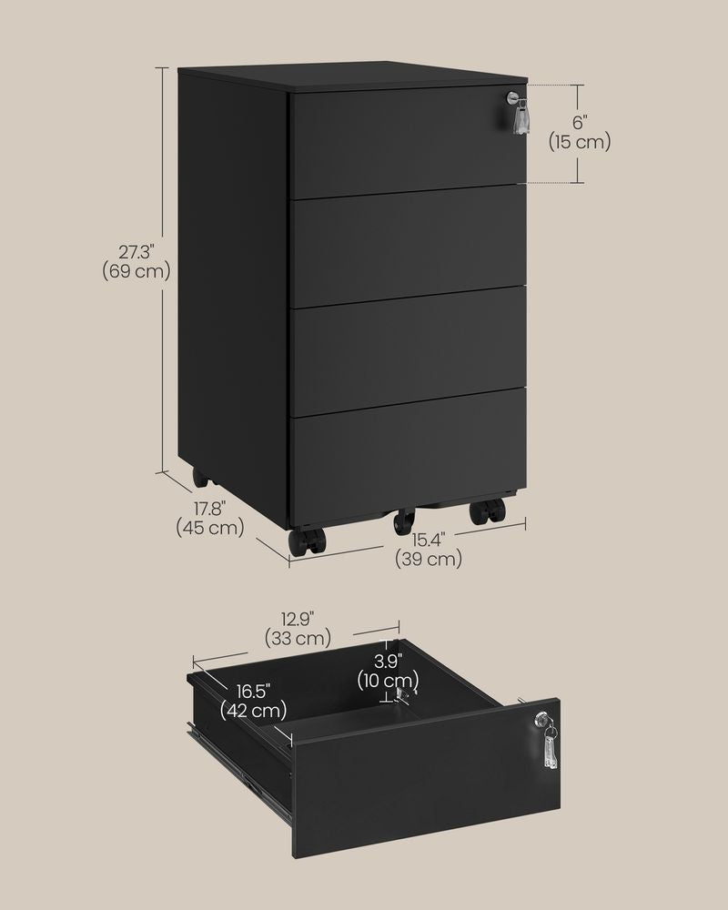 4-Drawer Metal Filing Cabinet with Lock & Wheels – Mobile Office Storage Cabinet, Matte Black