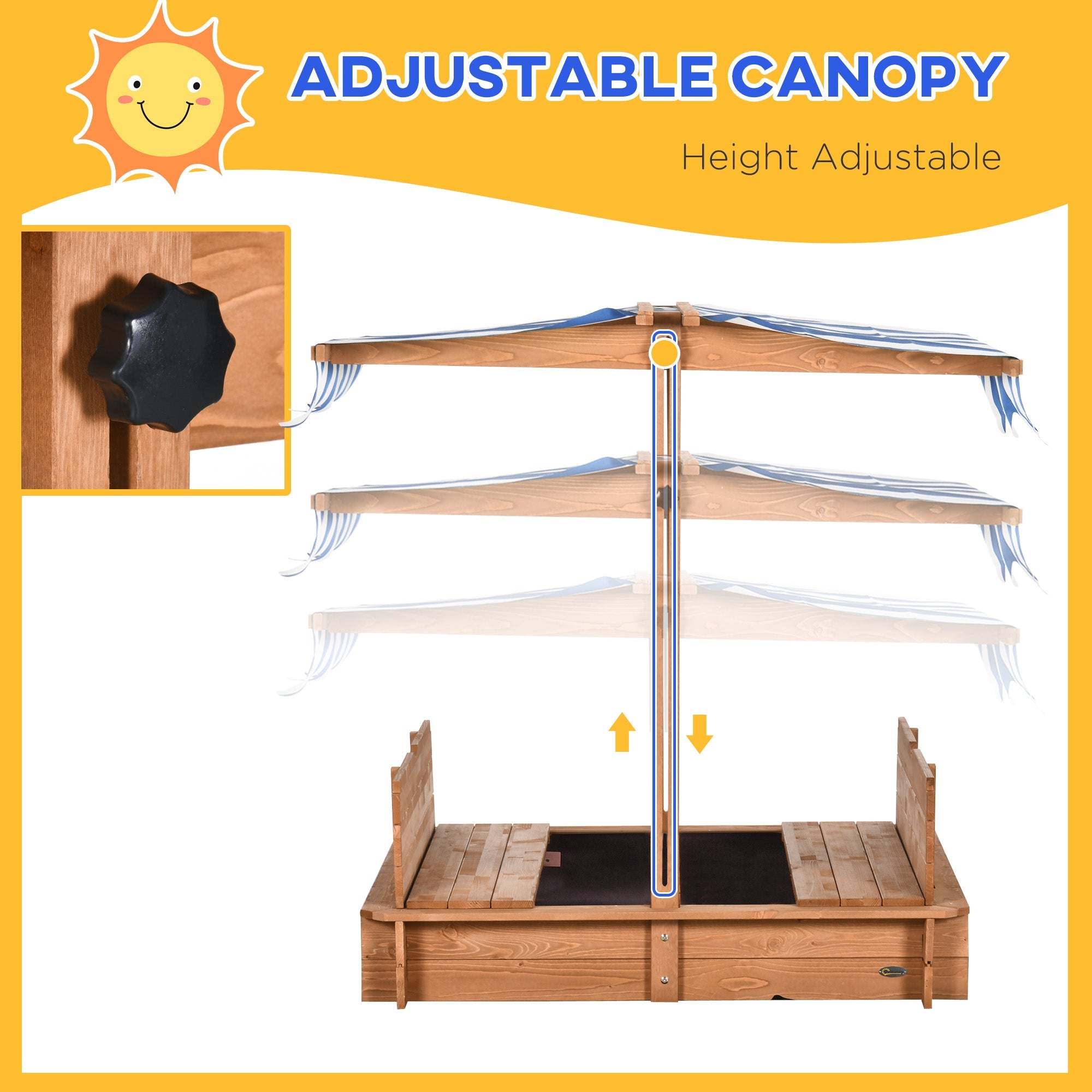 Outsunny Kids Sandbox Wooden with Cover Adjustable Canopy Foldable Bench Seats Sand Play Red 