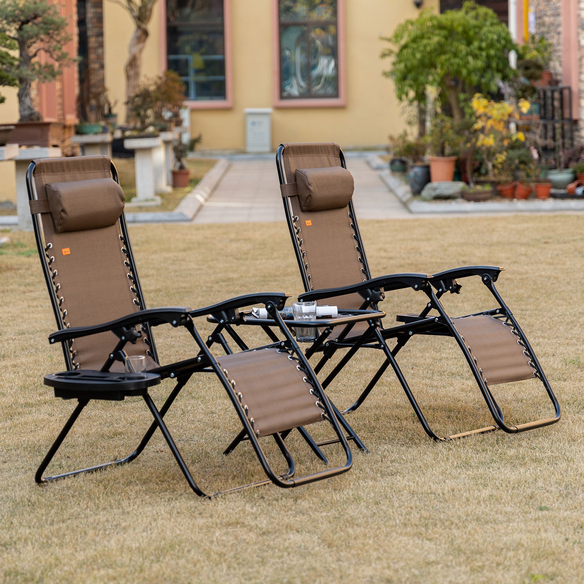 Outsunny Zero Gravity Chair Set of 2 Patio Chair with Side Table Cupholders and Pillows for Pool, Backyard, Lawn, Beach, Brown 