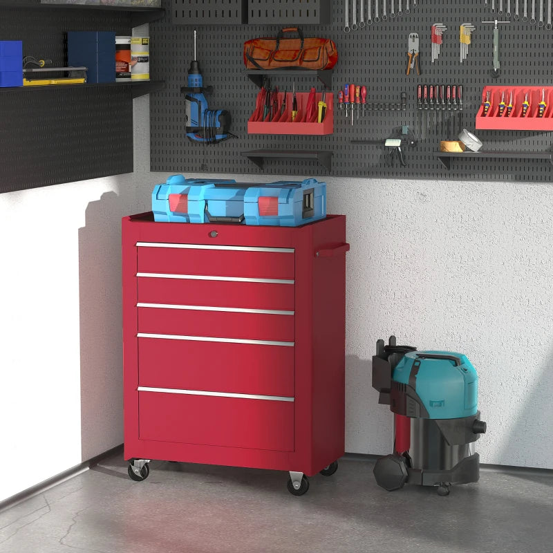 5-Drawer Rolling Tool Cabinet on Wheels, Lockable Tool Chest, Tool Organizer for Garage, Factory and Workshop, Red