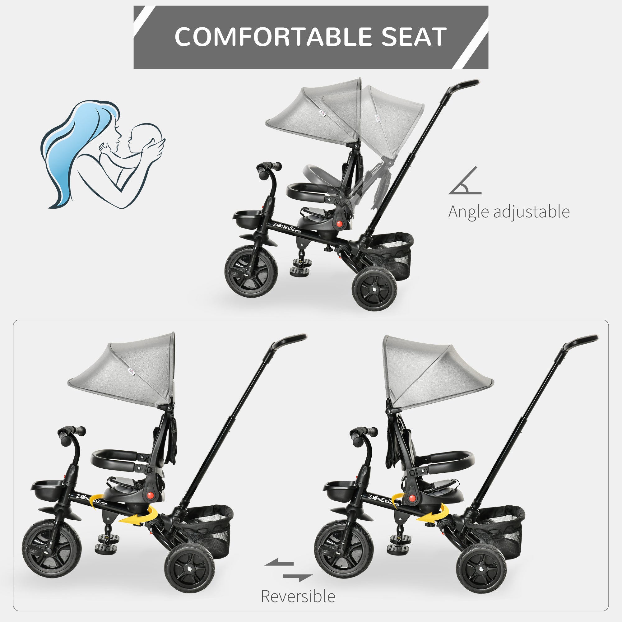 Qaba Baby Tricycle 4 In 1 Trike with Reversible Angle Adjustable Seat Removable Handle Canopy Handrail Belt Storage, Grey 