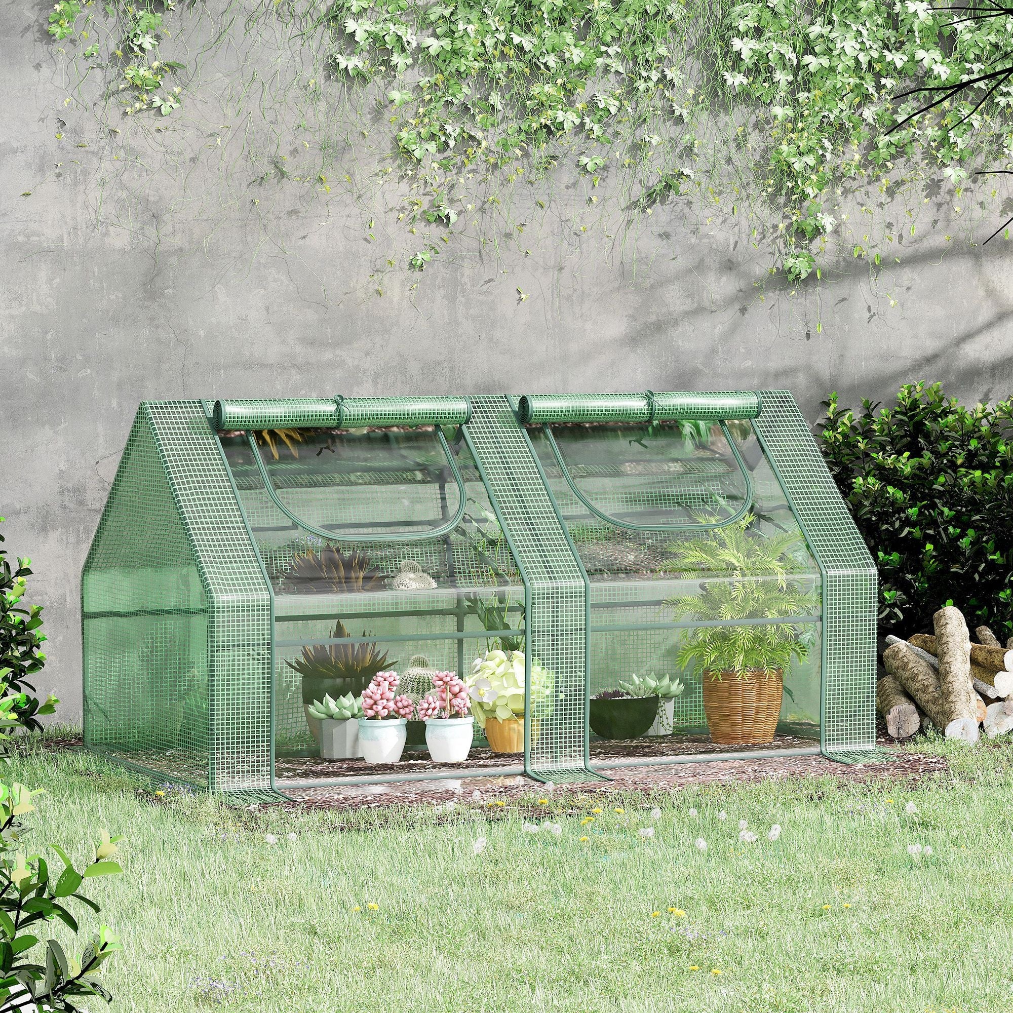 Outsunny 6' x 3' x 3' Portable Mini Greenhouse, Garden Green House Kit with 2 PE/Plastic Covers, Steel Frame and 2 Roll Up Zipper Windows, Dark Green 